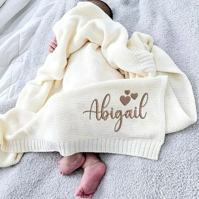 Personalized Name Baby Blanket Embroidered Name Knit Baby Blanket Newborn Gift New Mom Gifts Newborn Baby Girl & Boy Gift