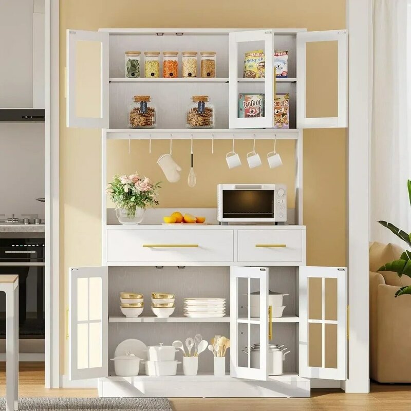 White Utensils for Kitchen Gadgets Drawers Glass Doors for Home 71'' Freestanding Hutch Cabinet With Microwave Stand Accessories