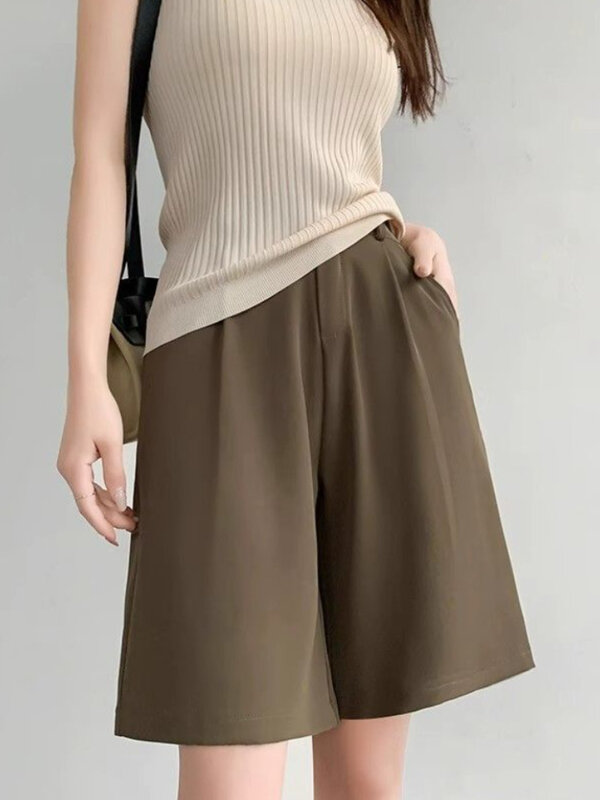 Khaki celana pendek wanita, Bawahan kasual longgar nyaman musim panas sederhana serbaguna warna polos ramping elastis pinggang