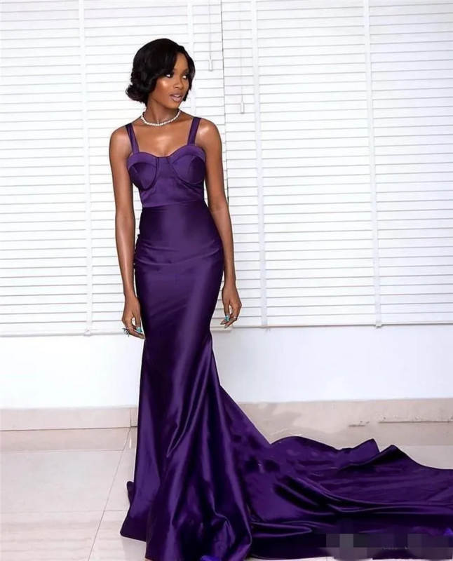 2024 Purple Satin Evening Dresses Straps Mermaid Sweep Train Custom Black Girl Prom Party Gowns Celebrity Formal Occasion Wear