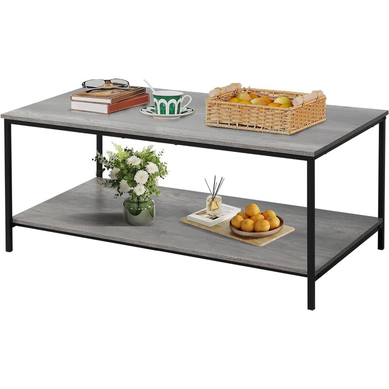 미국 소형 다크 브라운 직사각형 목재 및 금속 커피 테이블, 작은 거실용 보관 선반 포함