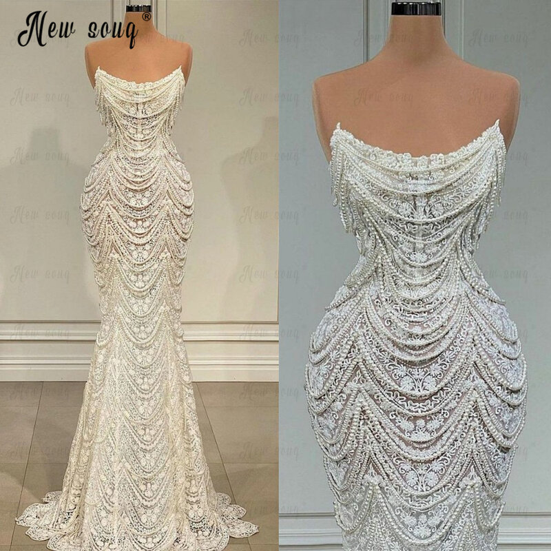 Elegant Lace Pearls Tassels Vestido de casamento, Boat Neck, Sereia Brilhante Vestidos De Noiva, Custom Made, Vestidos de casamento formal, 2023