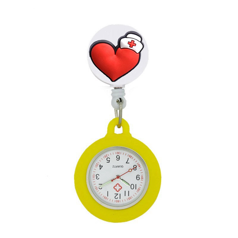 YiJia Jam Tangan Saku Perawat Hati Merah Kartun Gulungan Lencana Dapat Ditarik Reloj Lucu Medis dengan Casing Silikon