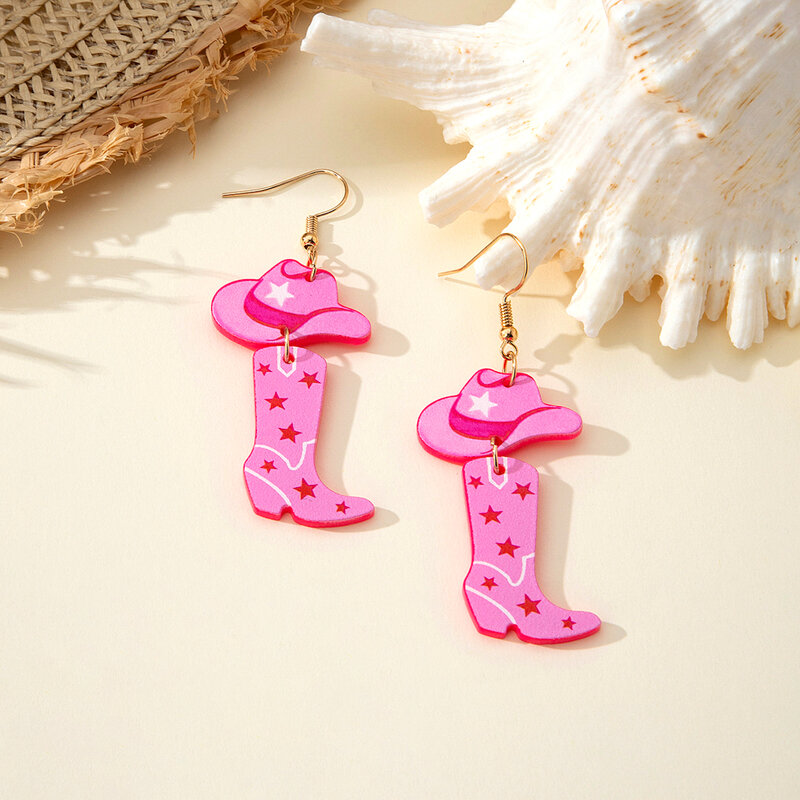 1 pair of fashionable and personalized Western denim style acrylic earrings, pink hat boots
