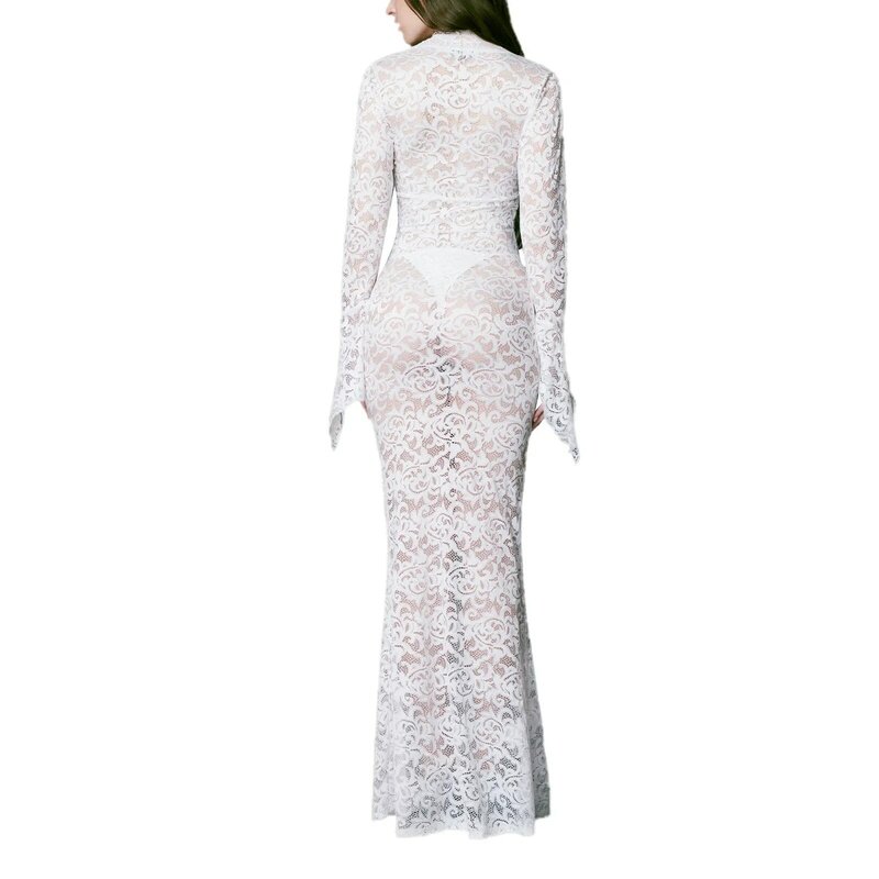 Women Long Fitted Dress Long Sleeve V Neck See-though Evening Dress Lace Floral Party Dress