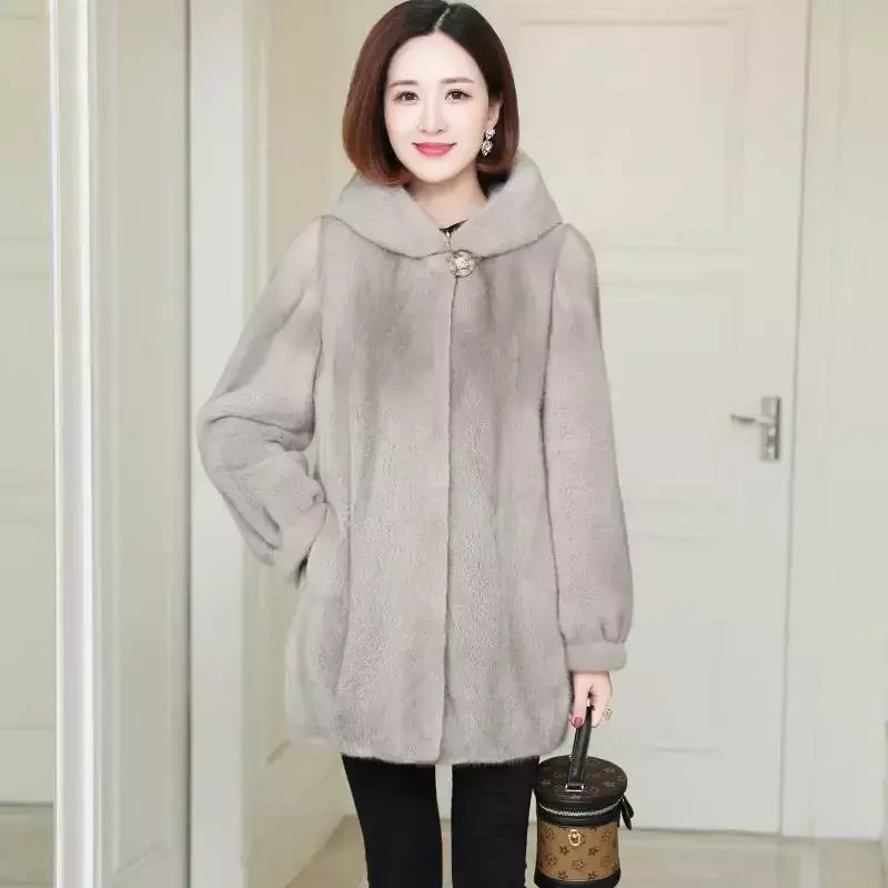 Осенне-зимнее Новое меховое пальто из искусственной норки, бархатное пальто из искусственного меха, корейское свободное Норковое Пальто, женская толстая верхняя одежда средней длины с капюшоном