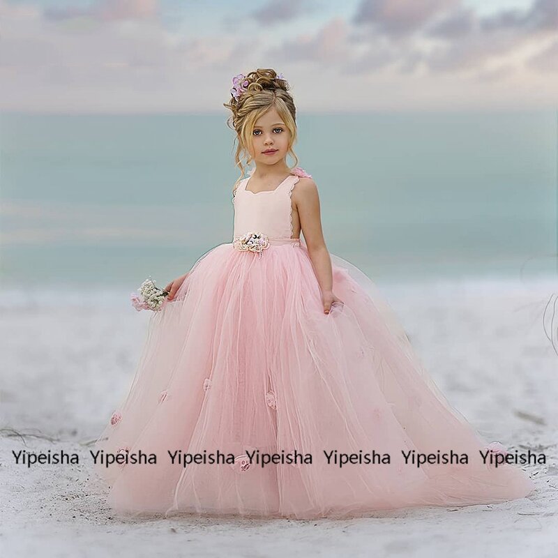 Baby Pink Spaghetti Strap A Line Flower Girl Dresses for Wedding 2022 With Sleeveless Soft Tulle Summer Baby Birthday Dress