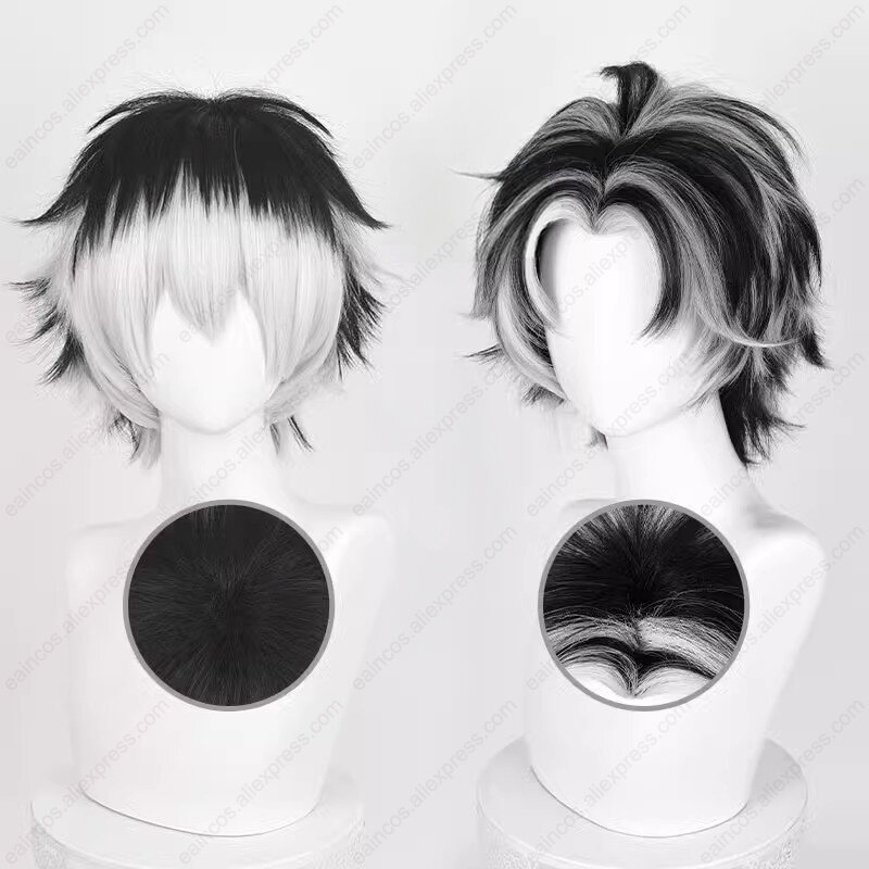 Kotaro Bokuto Wig Cosplay 30cm pendek perak putih campuran hitam rambut Wig sintetis tahan panas pesta Halloween