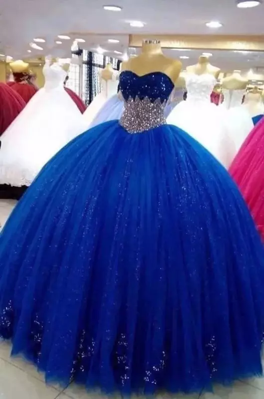 Królewski niebieski przepiękna suknia balowa księżniczka sukienka na Quinceanera koraliki aplikacje tiulowe sukienki na przyjęcie księżniczki