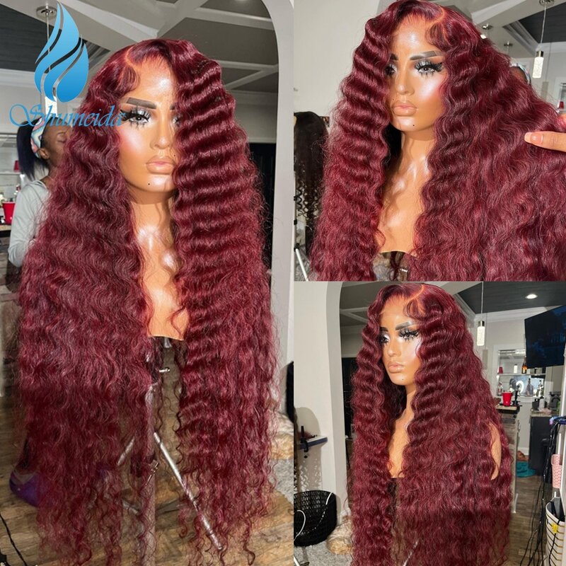 Shumeida Dark Red Color 13x6 Lace Front Wigs Pre Plucked Hairline Brazilian Remy Hair 5x5 Closure Wig with Baby Hair