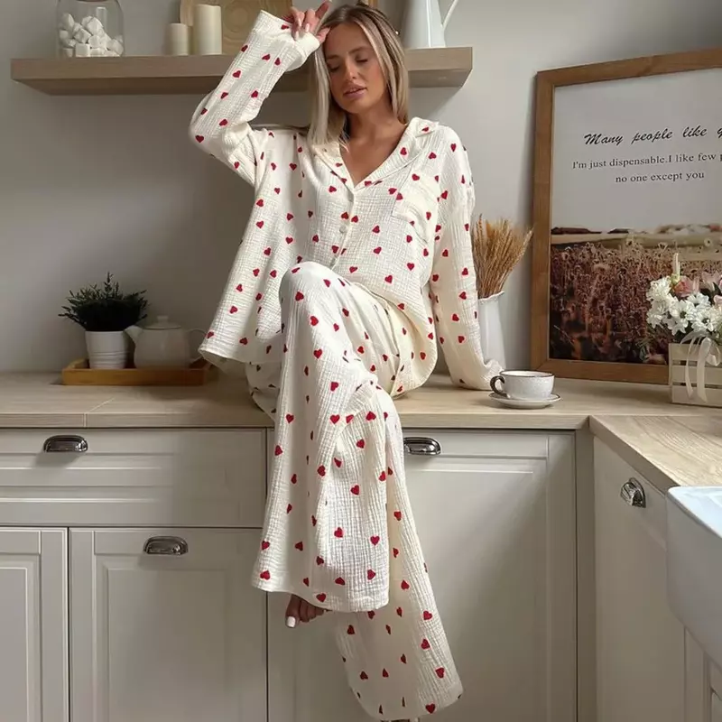 New Heart Print Cotton Loungewear Women Single-Breasted Long Sleeve Pants Pocket In Sleepwear 2 Piece Sets Casual Female Outfits