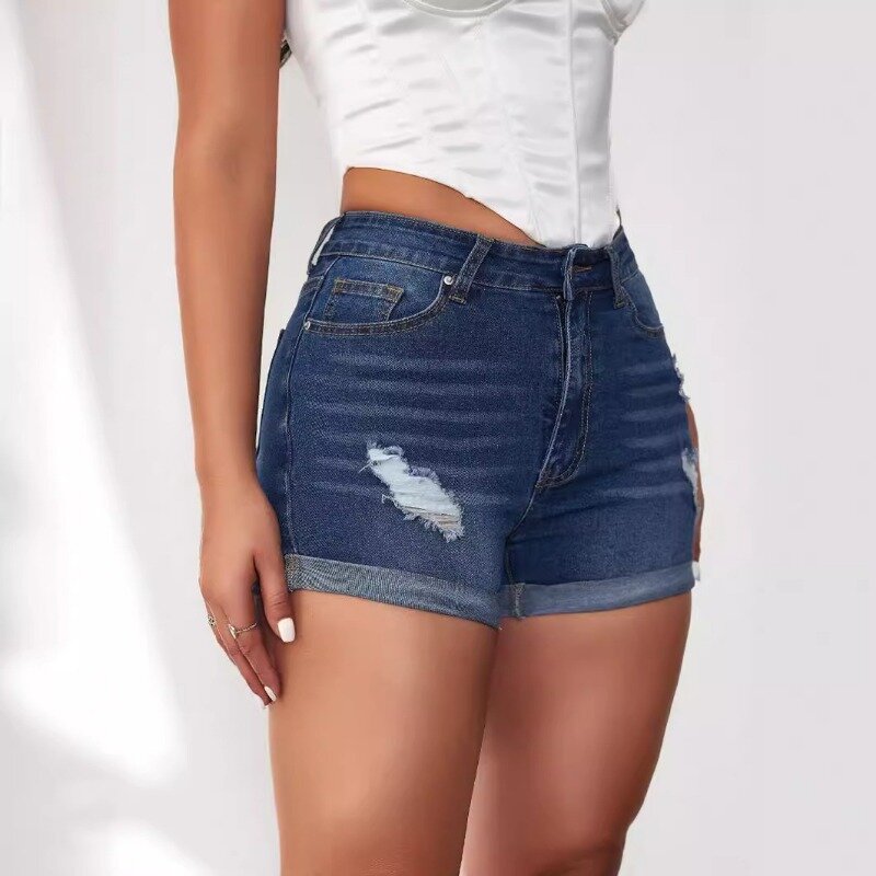 2024 nowe szorty kowbojki damskie letnie spodenki zawinięty brzeg moda granatowa elastyczna Slim Fit kieszeń porwane jeansy ubrania damskie