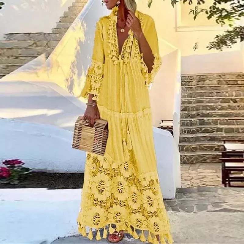 Vestido de estilo bohemio con borlas de encaje para mujer, primavera y verano, 2024