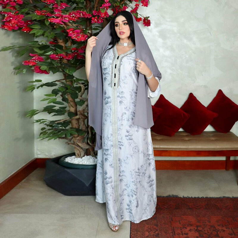 Abito donna musulmana con stampa Hui per donna moda Dubai abaya abito musulmano con scollo a v Casual Jalabiya abbigliamento islamico allentato Vintage