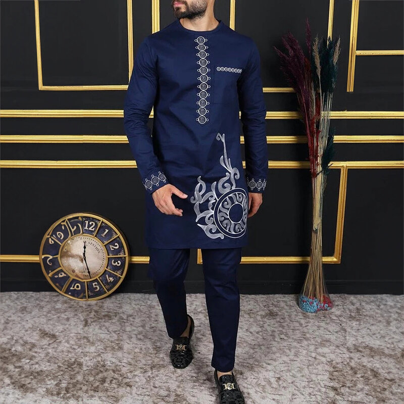 Conjunto africano dashiki de duas peças para homem, terno casual azul, manga comprida, camisa e calça com estampa étnica, roupas masculinas, M-4XL, 2022