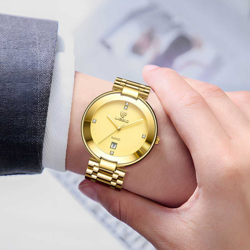 LieBig-メンズステンレススチール腕時計,クォーツ時計,耐水性,ストラップ付き,ファッショナブル