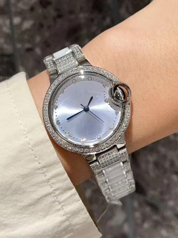 Pulseira Relógio Quartzo Feminino, Caixa de Diamante em Aço, Vidro Balão Azul, Cor Azul, Moda Luxuosa, Designer, Novo, 2024