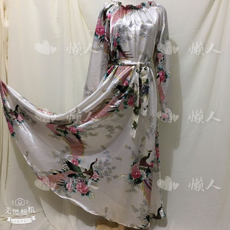 Glossy Bird Print Women Satin Long Sleeve Dress With Sash Loose Maxi dress Plus Size Sleeping Robe