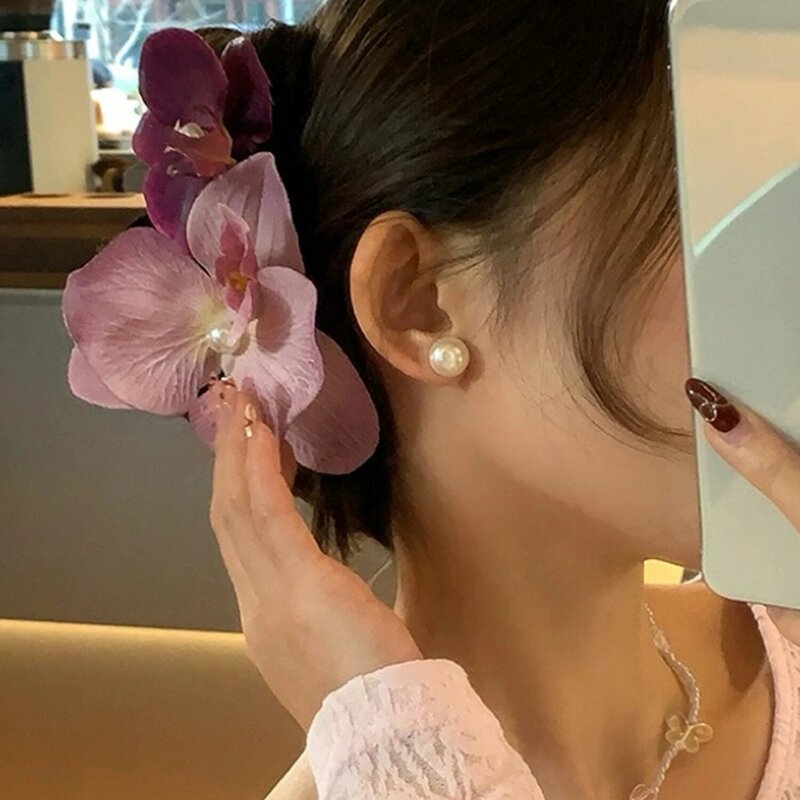 Klip rambut bunga Phalaenopsis mutiara warna-warni untuk wanita mode manis cakar rambut sisi ganda hadiah aksesori rambut kelas atas
