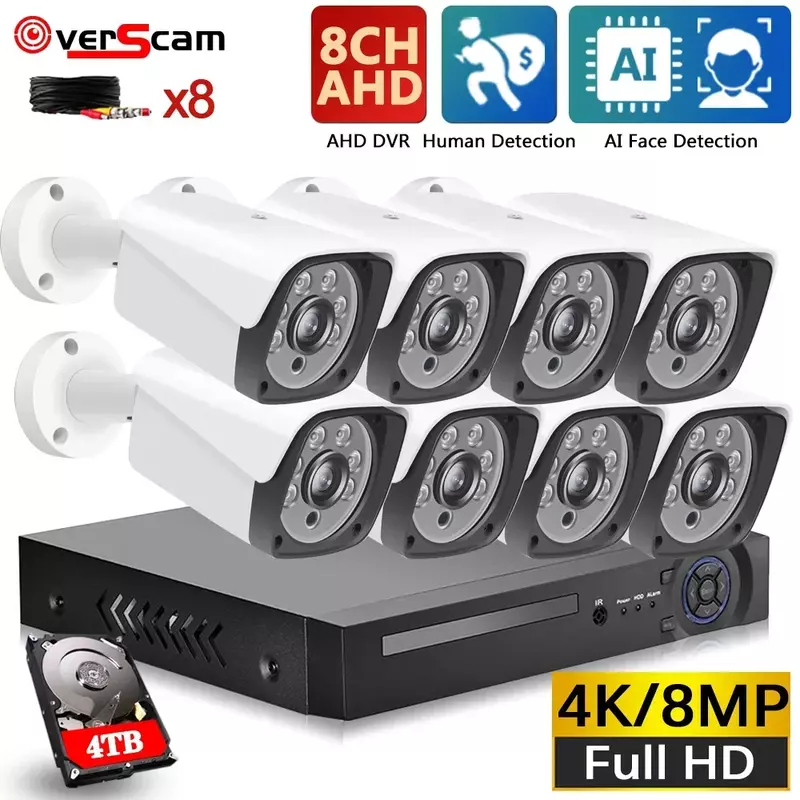Sistema de vigilancia de seguridad, Kit de 8 canales, 4K, AHD, DVR, detección facial, 8MP, CCTV, impermeable, 4 canales