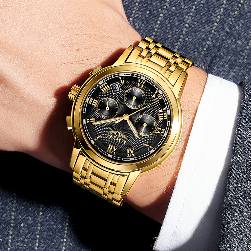LIGE-reloj analógico de cuarzo para hombre, accesorio de pulsera resistente al agua con calendario, complemento deportivo Masculino de marca de lujo con diseño dorado, perfecto para negocios