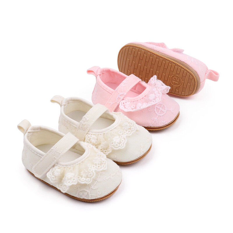 Sepatu bayi perempuan baru lahir, sneaker Dress putri renda lipit anti Slip 0-18 bulan