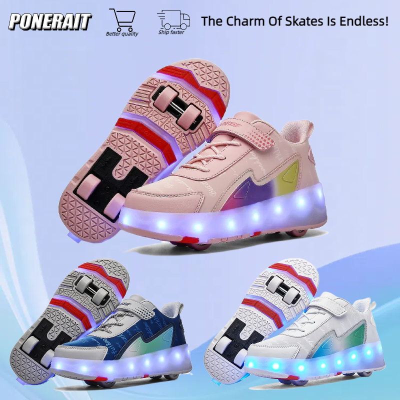 New Fashionable Children's Skates 4 Wheel Double Row Luminous Student Roller Skates Outdoor Casual Wheeled Sports Shoes