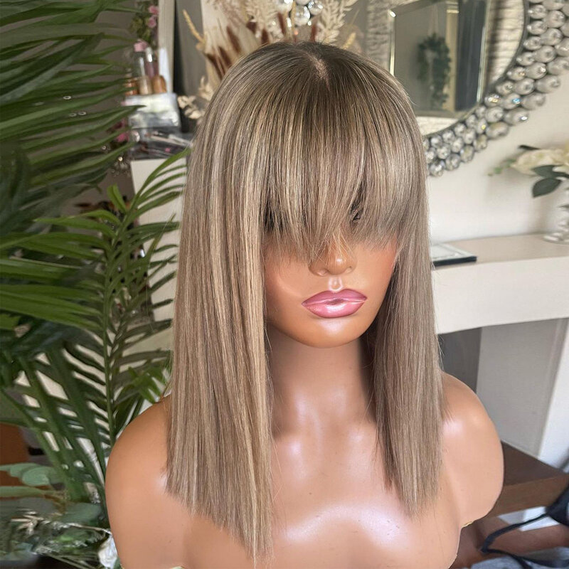 Ash Blonde Balayage Ombré akar Wig poni lucu 100% rambut manusia Virgin Premium Wig depan renda HD ketebalan 150 Wig Bob lurus
