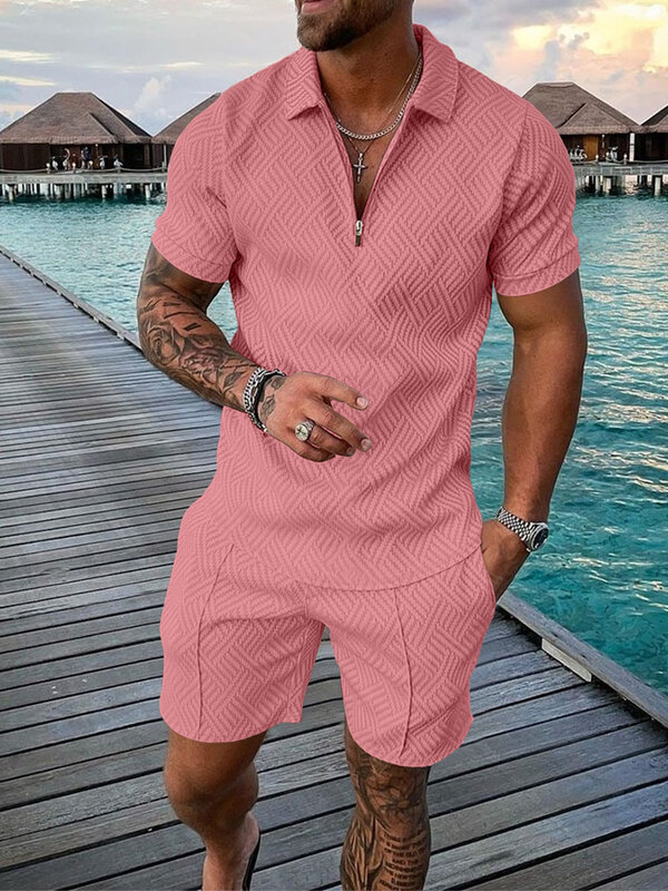Men's Summer Solid Color Zipper Casual Lapel Short Sleeve Set 3D Retro Polo Shirt Street T-shirt Shorts Sports Two Piece Set