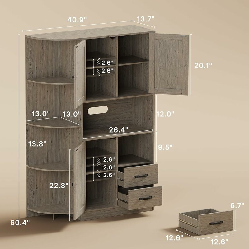 Шкаф с дверцами и регулируемыми полками для кухни, 60,4 дюйма