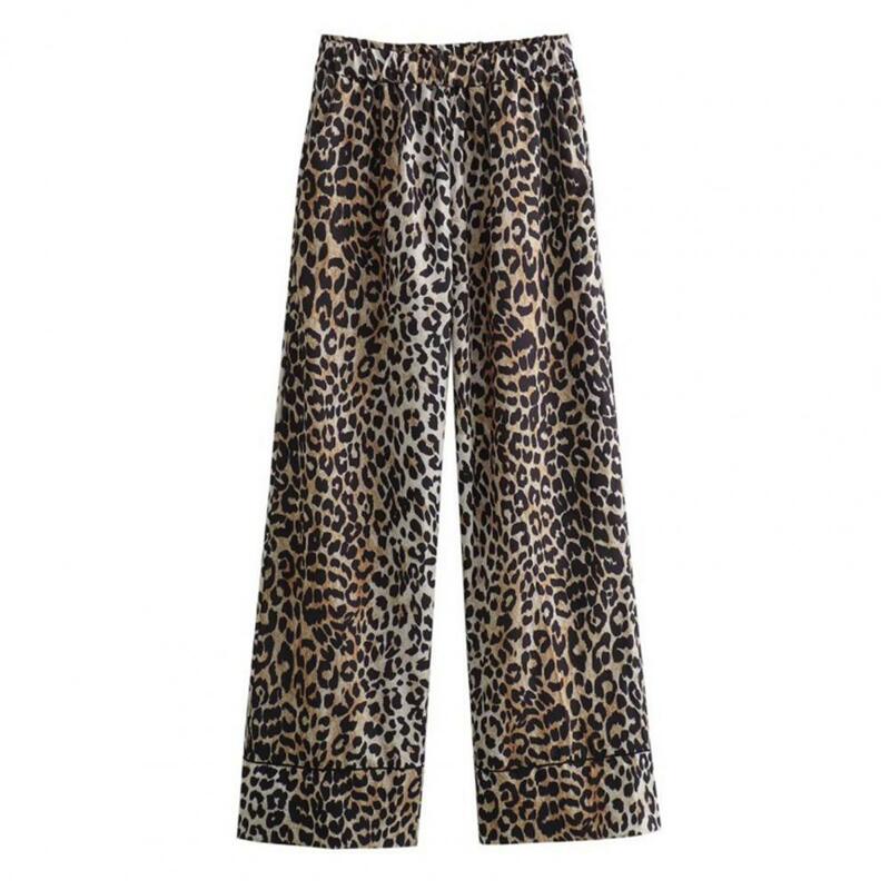 กางเกงผู้หญิงขายาวขากว้างกางเกงขาม้าพิมพ์ลายเสือดาวสำหรับผู้หญิงเอวยางยืดปานกลางชุดใส่พักผ่อนฤดูร้อน