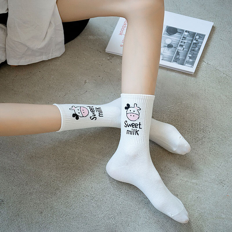 Gestreepte Sokken Koe Print Cartoon Calcetines Harajuku Dier Chaussettes Kawaii Sok Gedrukt Sokken Vrouwen Fietsen Sokken