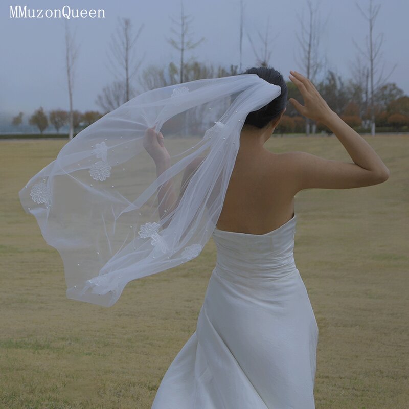MMQ-velo de novia M114 con apliques de perlas y flores, longitud corta, peine de tul suave de 1 capa, para fiesta de boda y novia, 2024