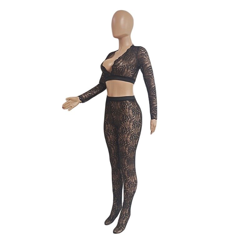 Women Sexy Sheer Lace 2 Piece Set V-neck Long Sleeve Crop Tops Elastic High Waist Footed Leggings Clubwear Suits Wholesalee