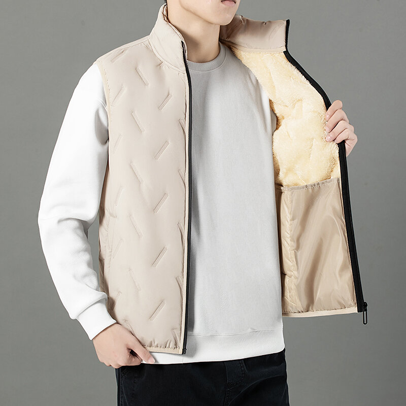 2023 Winter Men's Warm Jacket Rectangular Embossed Fashion Vest Fleece Windproof Large Size Jacket Solid Color Casual Coat 5XL
