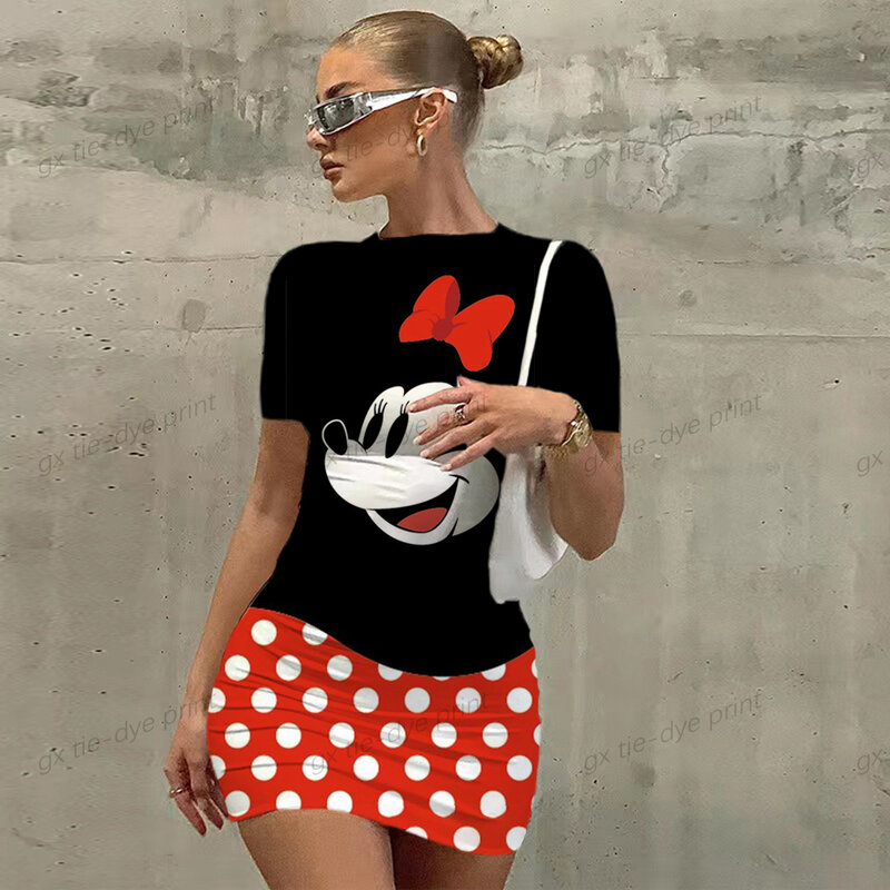 Disney Sexy Minnie Mickey Mouse nadruk kreskówkowy obcisła sukienka kobiety seksowna koszulka z krótkim rękawem sukienka panie Skinny elegancka sukienka