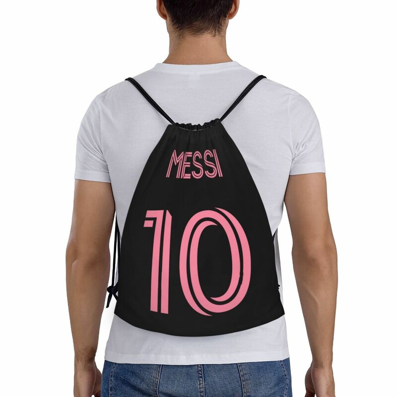Mochila de cordão de futebol para homens e mulheres, messis rosa personalizado, leve, esportes de futebol, armazenamento de ginástica, 10