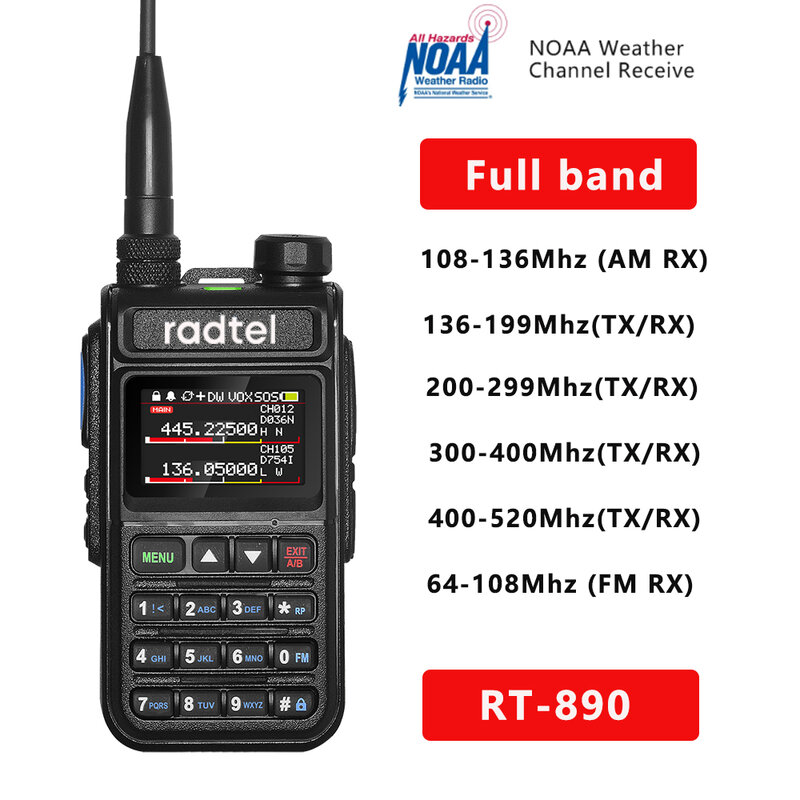 Radtel-walkie-talkie AM Air, escáner de Color de banda de aviación, RT-890 NOAA, canal meteorológico, 6 bandas, Amateur, Radio de 2 vías, 999CH