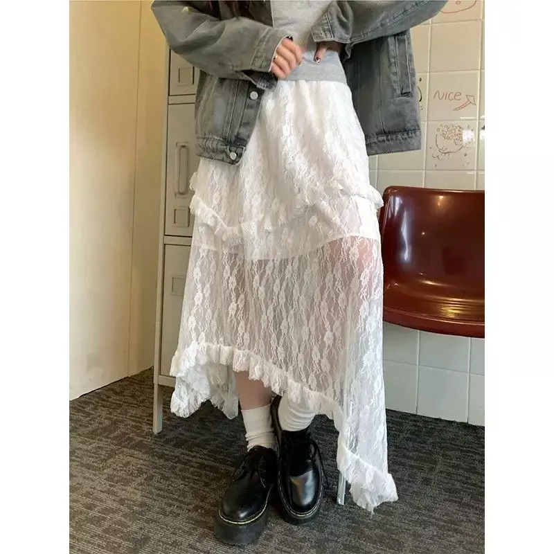 Deeptwon biała koronka asymetryczna spódnica kobiet Fairycore słodkie Vintage w połowie nieregularna spódnica koreański styl estetyczny spódnice z falbanami
