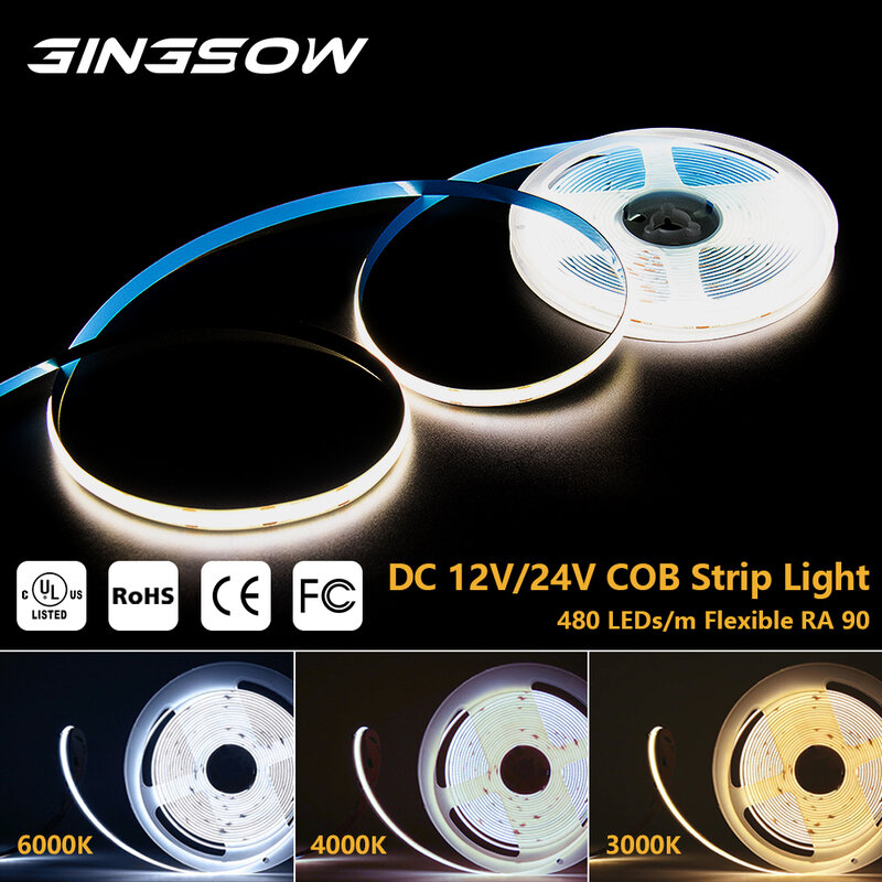 Gingsow 5/10M COB LED Strip Light DC 12/24V 320 480 LEDs/M flessibile ad alta densità UL elencato nastro RA90 bianco caldo/freddo