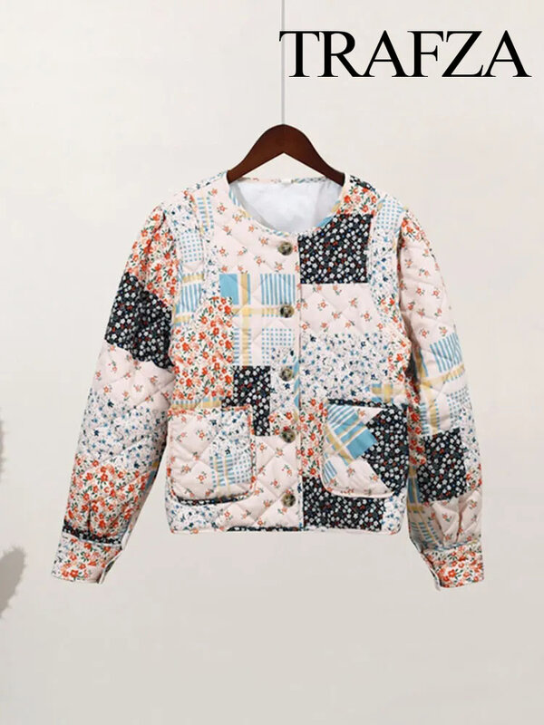 TRAFZA-Abrigo acolchado Reversible con estampado de flores para mujer, chaqueta 2 en 1 de manga larga con frente abierto, ropa de calle Vintage para otoño