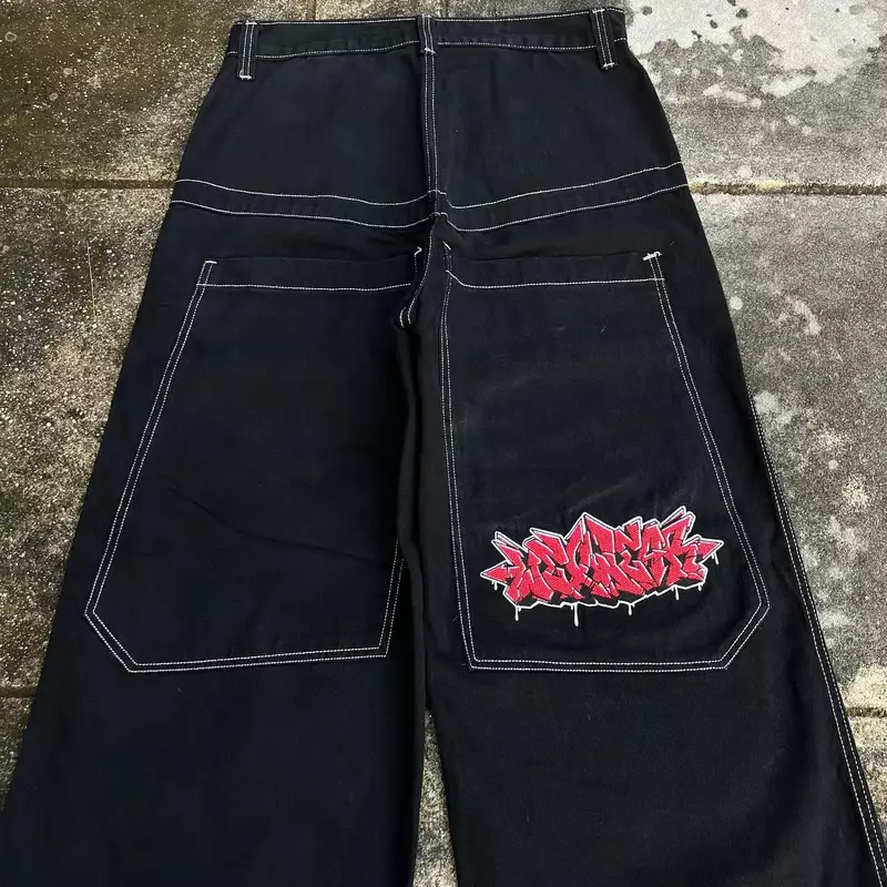 Celana Jeans hitam Harajuku bordir lebar pinggang tinggi, celana jins ketat Hip Hop pinggang tinggi Retro Y2K untuk pria dan wanita