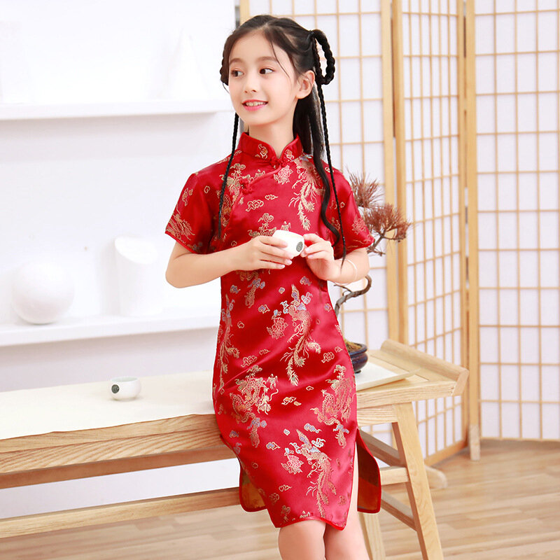 Summer Children Cheongsam Dragon Phoenix Embroidery Qipao Princess Dress Chinese Style Dresses New Year Qipao Gift Tang Clothes