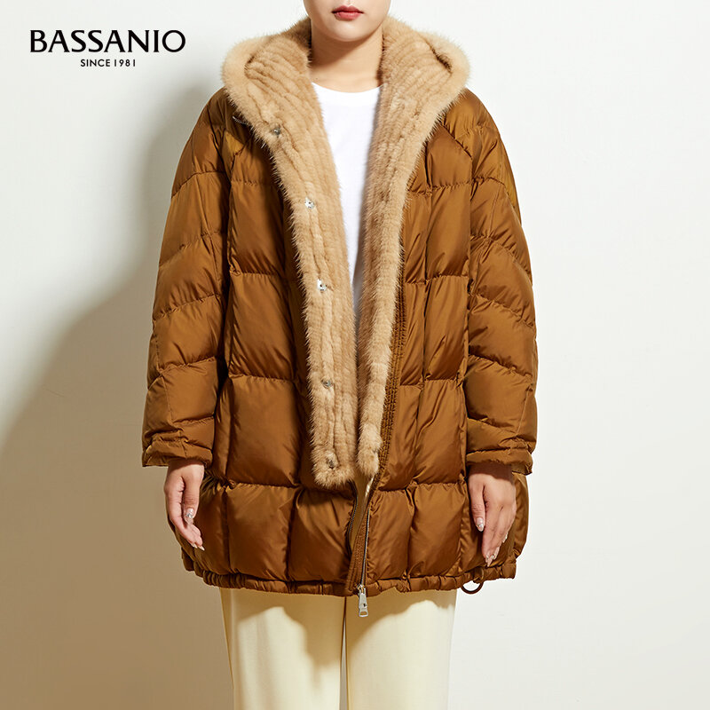 Manteau tissé en duvet d'oie blanc pour femme, manteau à capuche avec col en fourrure de vison, vêtement chaud d'extérieur, hiver
