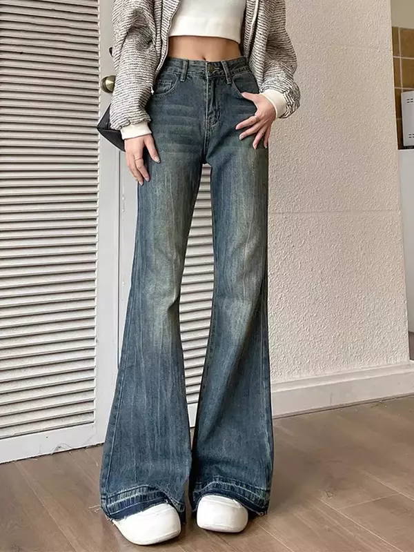 Winter Fashion Slim Casual Vintage Blue Women's Jeans American Style Chic Office Ladies Pockets Basic Female Flare Jeans
