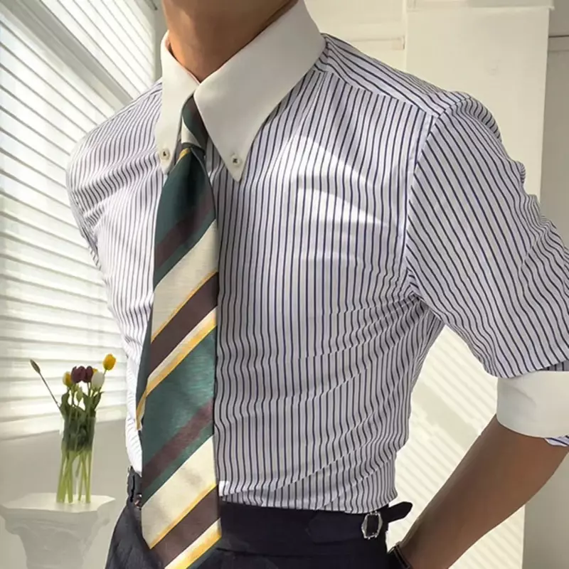 2023 Casual Stripe Shirt Retro Shirt Dress Camisa Masculina Social Contrasting Color British Style Men Long Sleeve Striped Shirt