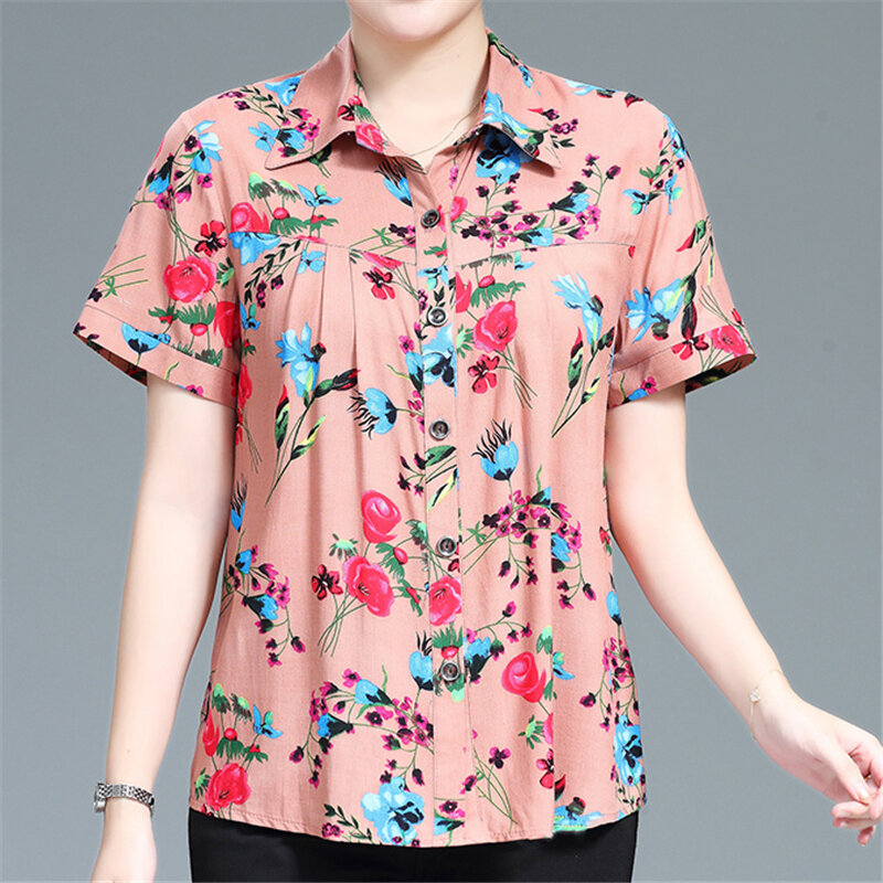 Женская винтажная блузка на пуговицах, элегантная рубашка с оборками и цветочным принтом, модная Свободная блузка с отложным воротником и коротким рукавом, летние топы