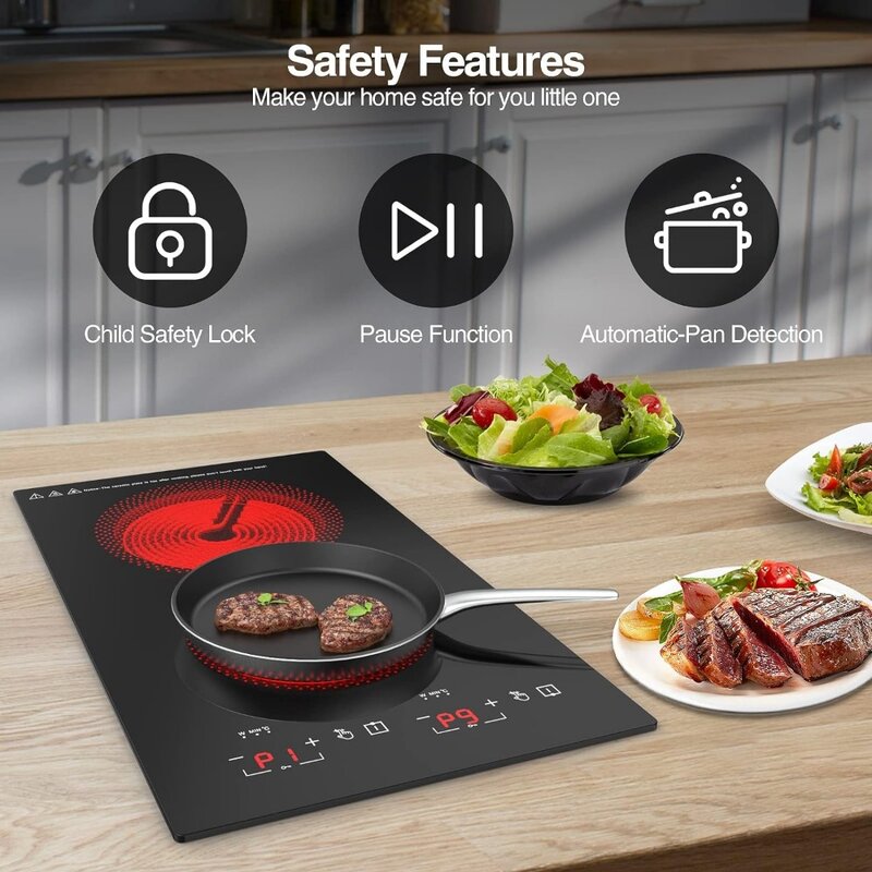POTFYA 2 Burners Electric Cooktop,120V  Cooktop Countertop with Child Safety Lock,Timer,Over-Temperature