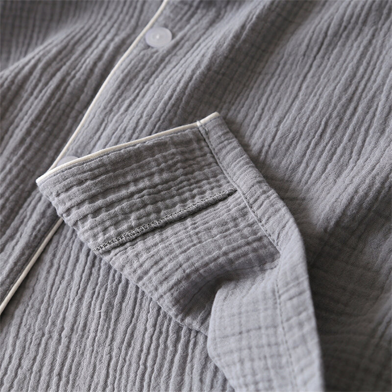 2024 New Summer Men Pajamas Suit Cotton Crepe Gauze Solid Color Simple Short-sleeved Shirt Shorts Sleepwear Men's Loungewear