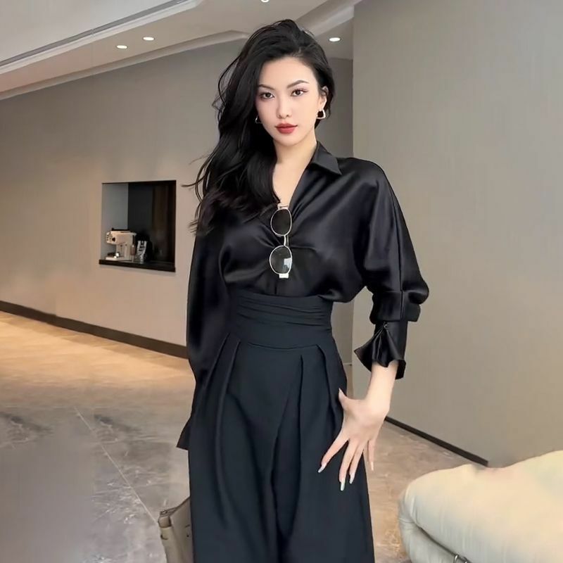2024 Black Design Wide-Leg Pants Women's Slimming Suit Pant Magic High Waist Loose Straight Drooping Mopping Casual Trousers